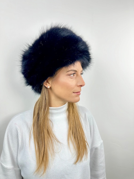 Fur fox hat, Blue black real fur hat, Fox fur accessory, warm and fluffy fur hat