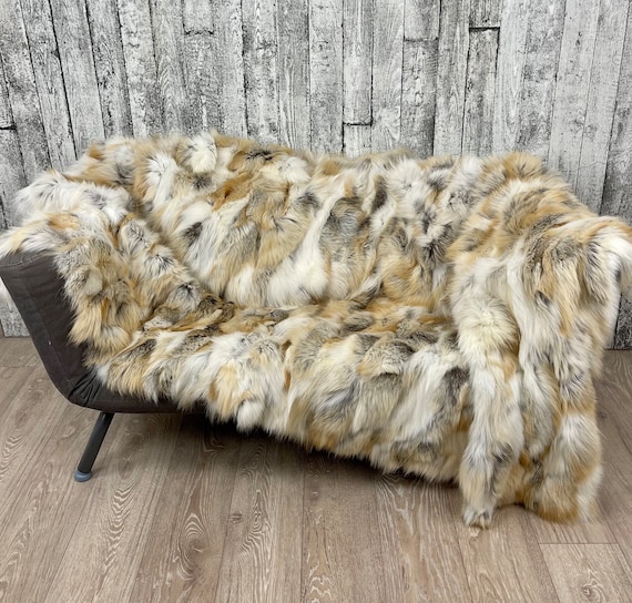 Luxury golden island fox fur blanket, fluffy fur throw, genuine fur blanket