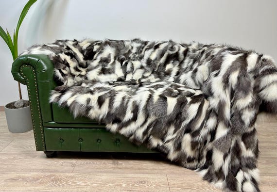Real Fox Fur Blanket Throw – White Gray Fur Blanket, Fluffy Fur Bedspread, Genuine Fox Throw, Luxury Decor
