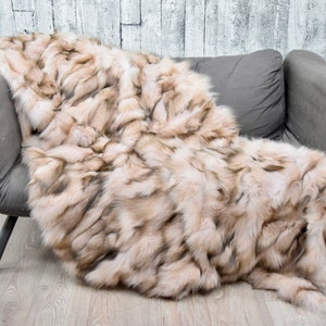 Luxury fox fur blanket throw, cozy and fluffy genuine fur blanket