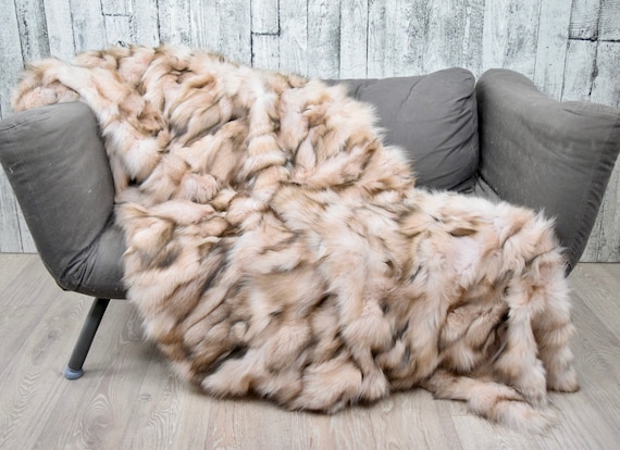 Luxury fox fur blanket throw, cozy and fluffy genuine fur blanket