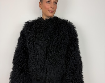 Black Mongolian Lamb Fur Jacket, Genuine Curly Sheepskin Coat, Handmade Luxury Winter Outerwear