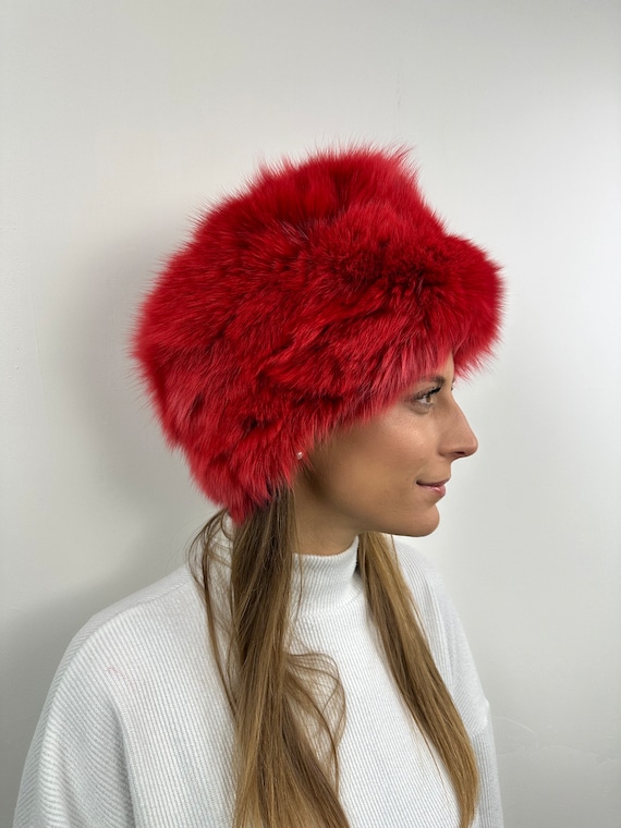 Fur fox hat, Red real fur hat, Fox fur accessory, warm and fluffy fur hat