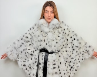Genuine White Spotted Fox Fur Cape: Handmade Luxury Fur Poncho