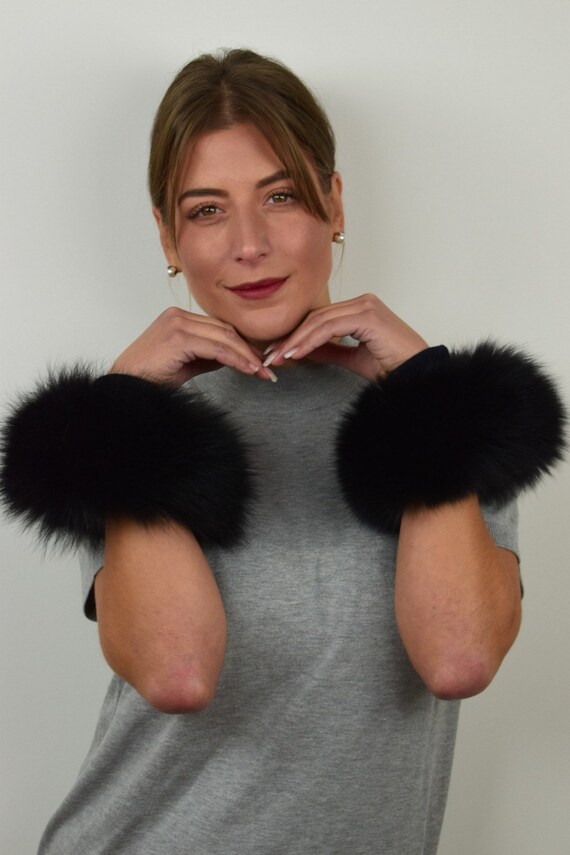 Black Fur cuffs, black fox cuffs, real fur cuffs, fluffy fur cuffs, wrist warmers