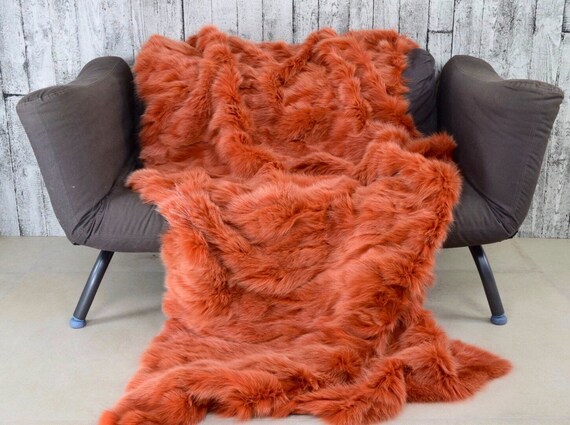 Luxury Orange Fox Fur Throw Blanket – 100% Real Fur – Handmade in Greece – Sofa, Bed or Rug Decor