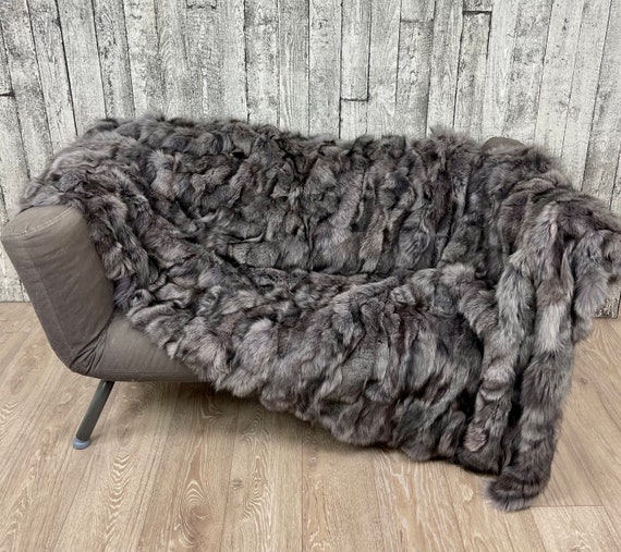 Luxury gray fox fur blanket throw, fluffy genuine fur blanket