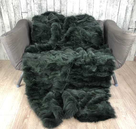 Green Fox Fur Blanket – Real Fur Throw – Luxurious Handmade Home Decor