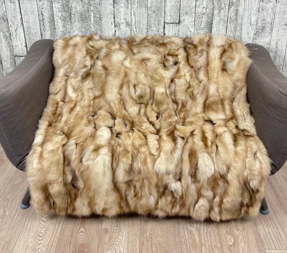 Luxury fox fur blanket throw, cozy and fluffy genuine fur blanket