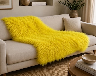 Yellow Tibetan Lamb Throw, Fluffy MongolianSheepskin Blanket for Sofa & Bed, Luxury Home Decor