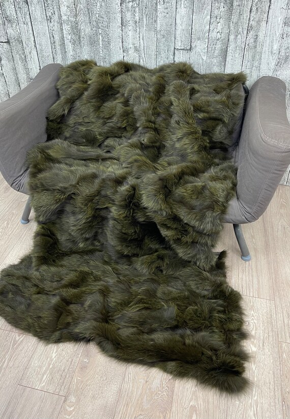 Luxury green fox fur blanket throw, fluffy genuine fur blanket