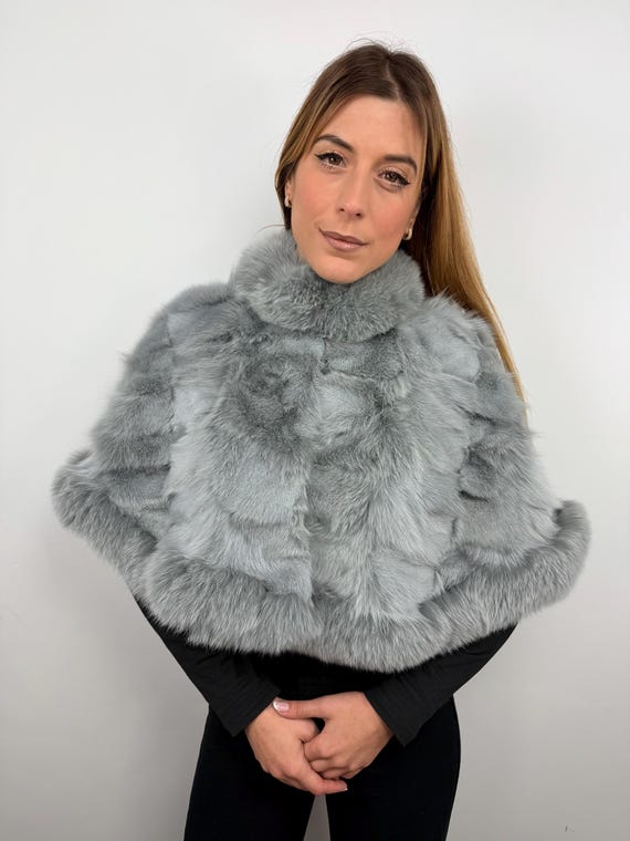 Green Gray Fox Fur Stole – Real Fur Shawl, Luxurious Fur Wrap or Capelet for Evening, Wedding & Winter Outfits