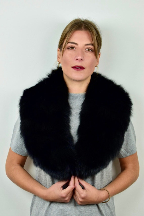 Black fur fox collar, real fur stole, black fox collar