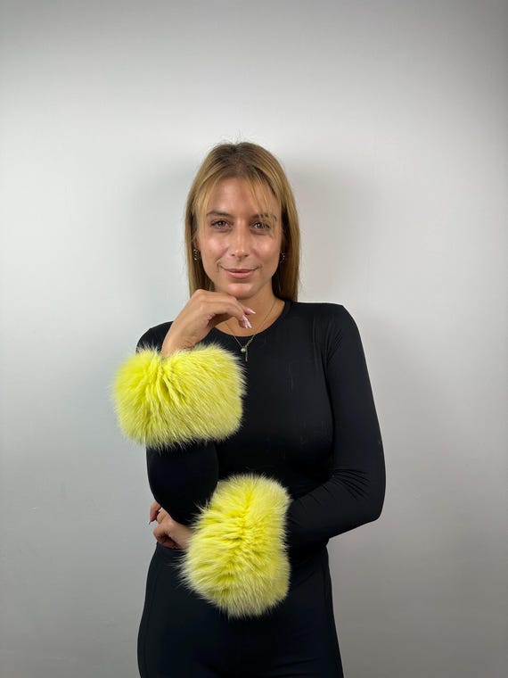 Real Fur Fox Cuffs, lime yellow fur cuffs, fur cuffs, fluffy fur cuffs, wrist warmers
