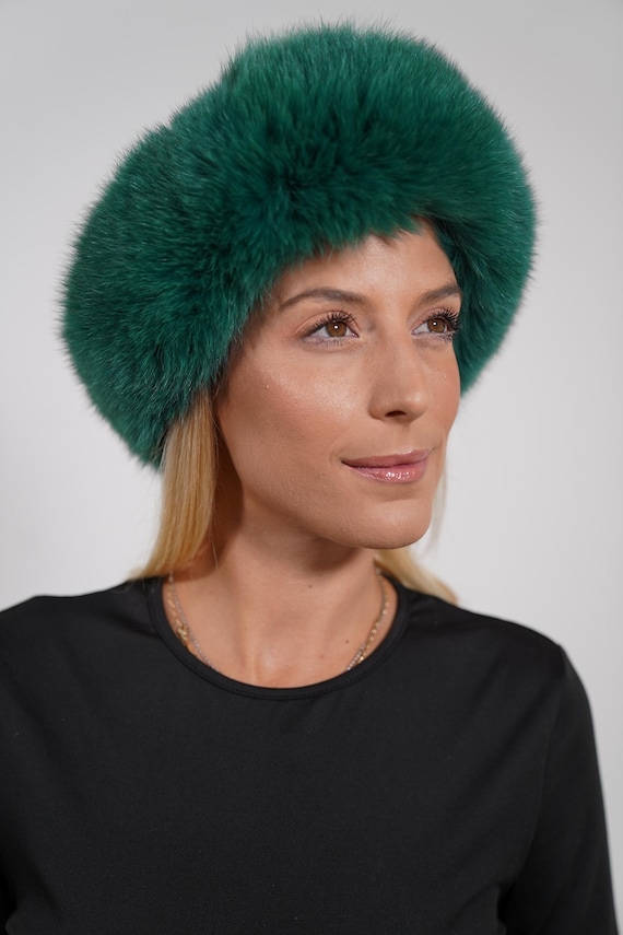 Elegant Green Fox Fur Headband: Luxury Fluffy Headband Warmer