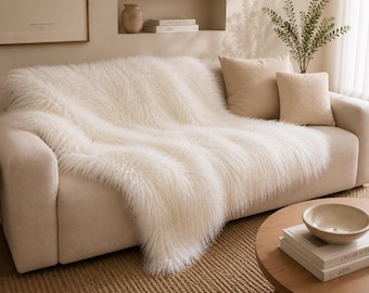 White Tibetan Lamb Throw, Fluffy MongolianSheepskin Blanket for Sofa & Bed, Luxury Home Decor