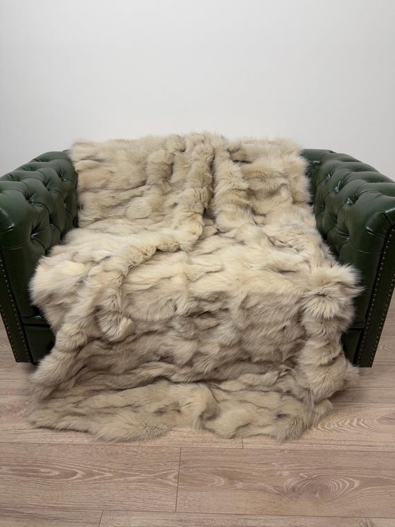 Elegant Beige Fur Blanket Throw, real fox fur blanket, soft fur blanket, fluffy throw