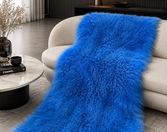 Blue Tibetan Lamb Throw, Fluffy MongolianSheepskin Blanket for Sofa & Bed, Luxury Home Decor
