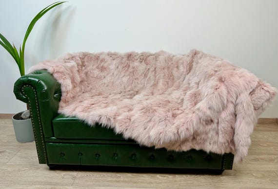 Real pink fur blanket, luxury fox fur blanket throw, pink fur bedspread