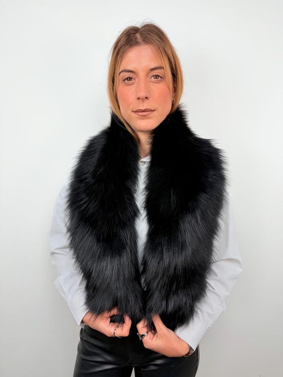 Black Fur Stole, Real Fox Fur Long Collar, Black Fur Shawl, Fur Wrap