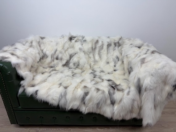 Elegant Platinum Fox Fur Blanket Throw, Fluffy Fur Throw, Real Fur Blanket
