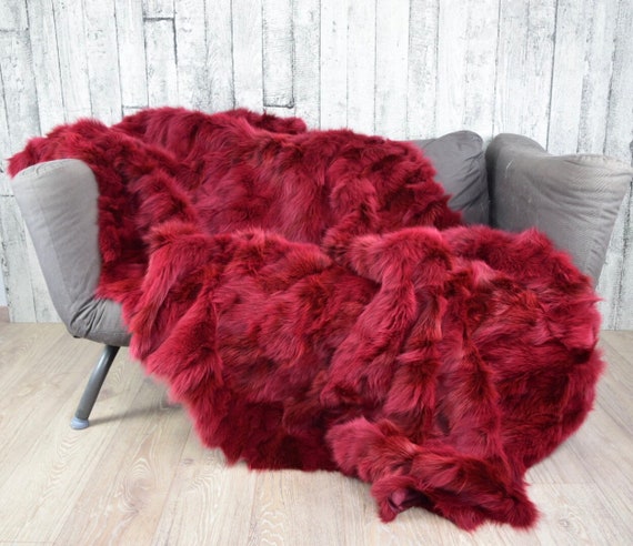 Luxury red fur blanket throw, cozy throw, genuine fur blanket