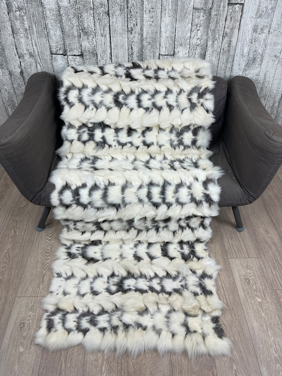 Luxury platinum fur blanket  fox patchwork throw rug, cozy and fluffy genuine fur blanket