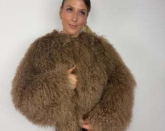 Warm Brown Mongolian Lamb Fur Jacket, Genuine Curly Fur Sheepskin Coat, Handmade Luxury Winter Outerwear