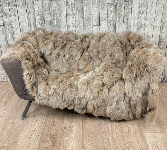 Luxury fox fur blanket throw, cozy and fluffy genuine fur blanket