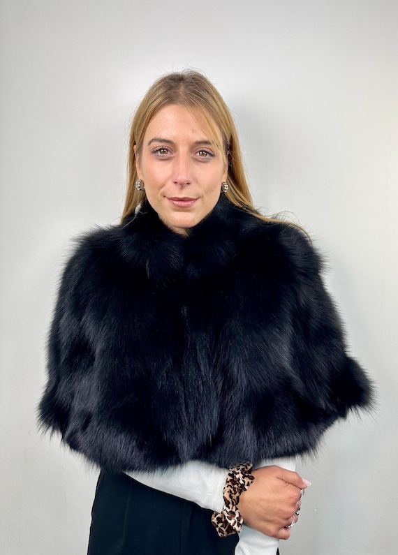 Black Fur Stole, Real Fur Shawl Wrap, Black Fox Fur Etole Bolero, fur capelet shawl