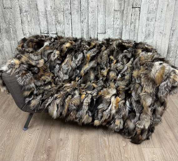 Luxury cross fox fur blanket throw, real fur blanket, cozy and fluffy genuine fur blanket