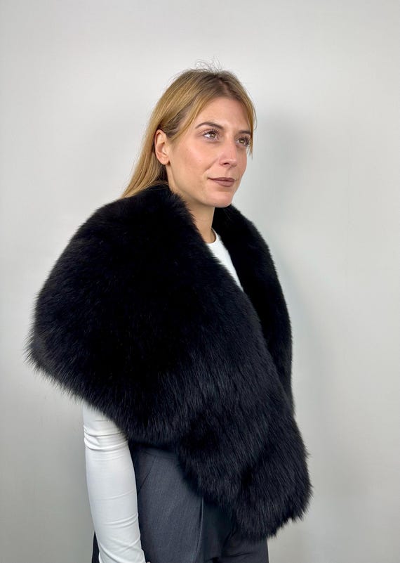 Black Saga Fox Fur Stole – Fur Shawl Wrap, Fox Fur Bolero, Elegant Fur Etole, Black Collar, Real Fur Accessory