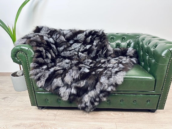 Real silver fox fur blanket, luxury bedspread, fluffy fur throw