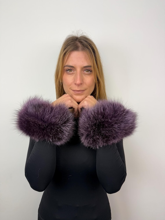 Purple Fur Cuffs, luxury fur fox cuffs, real fur cuffs, fluffy fur cuffs, wrist warmers
