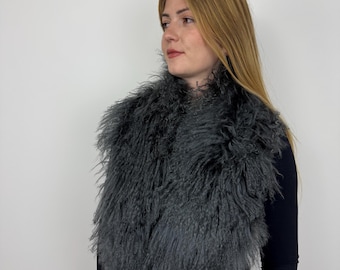 Charcoal Mongolian Lamb Stole, Dark Gray Tibetan Lamb Scarf, Luxury Shoulder Wrap, Collar Winter Accessory