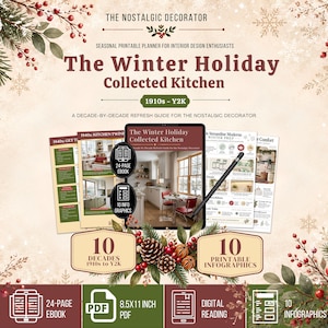 May include: A digital seasonal printable planner titled The Winter Holiday Collected Kitchen 1910s-Y2K, featuring a 24-page ebook, 10 printable infographics, and PDF icons. The design includes festive pine branches, red berries, and snowflakes on a cream background.