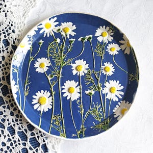 Puede incluir: Un plato de cerámica azul con un patrón de margaritas blancas. Las margaritas son en relieve y tienen centros amarillos.