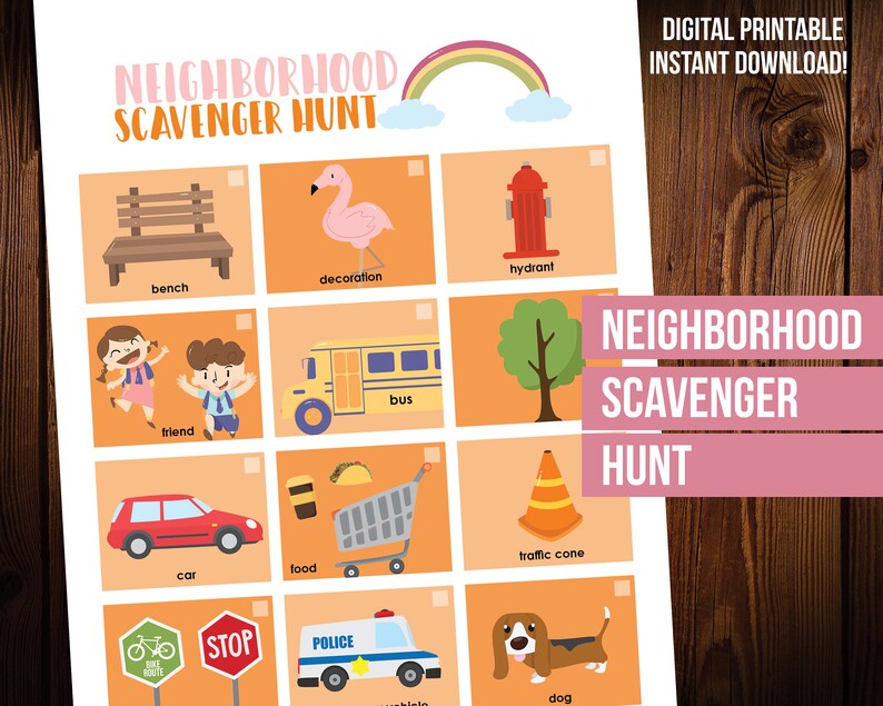 May include: A printable neighbourhood scavenger hunt game with colourful illustrations of common neighbourhood items like a bench, a flamingo, a fire hydrant, a bus, a car, a traffic cone, a dog, and more. The game is designed for kids to find these items in their neighbourhood.