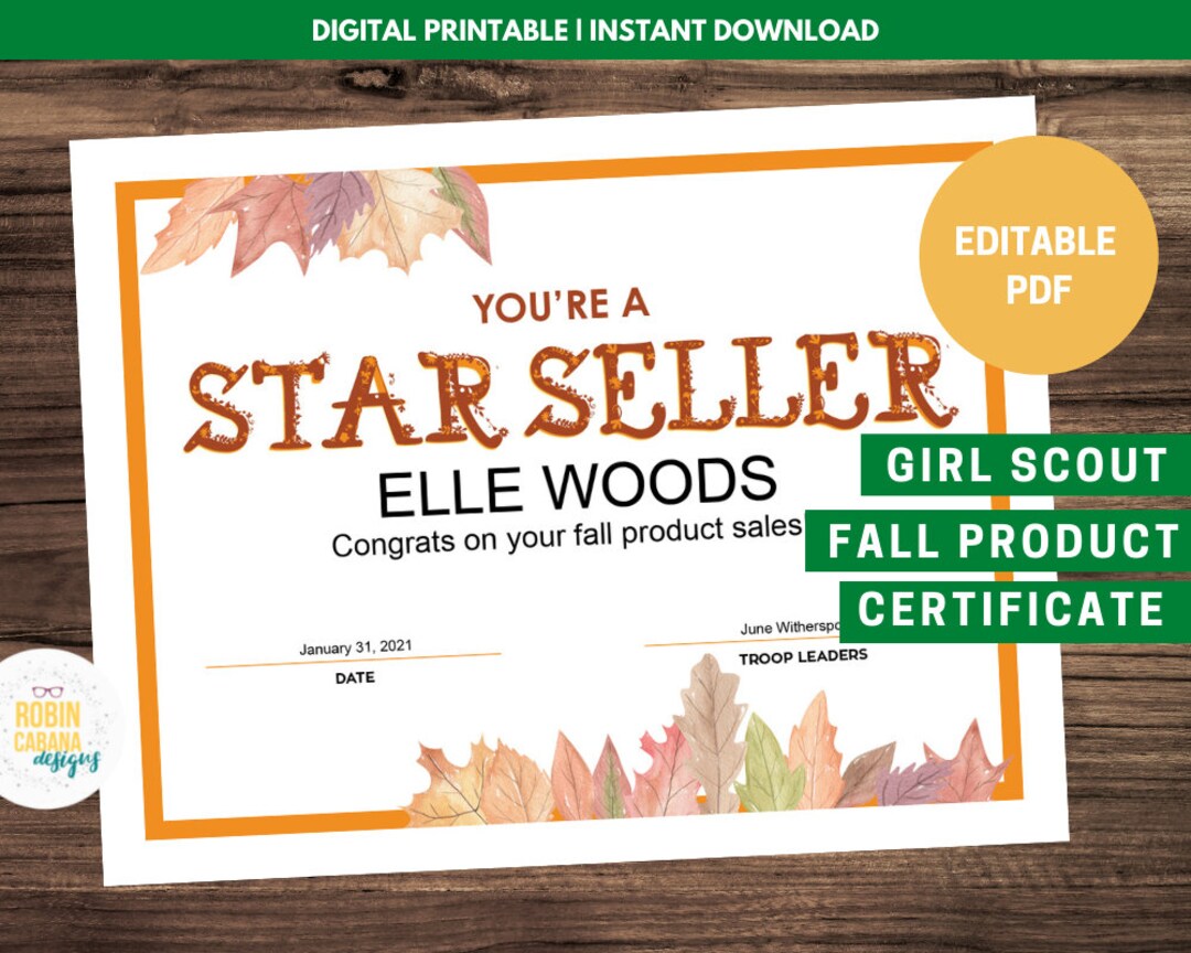 Girl Scout Fall Product Sales Certificate Editable PDF Etsy