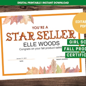 Girl Scout Herbst Produktverkaufszertifikat - Editierbare PDF