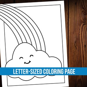 K&ouml;nnte beinhalten: Eine Schwarzwei&szlig;-Malvorlage mit einer l&auml;chelnden Wolke und einem Regenbogen dar&uuml;ber. Die Seite ist mit "LETTER-SIZED COLORING PAGE" beschriftet.