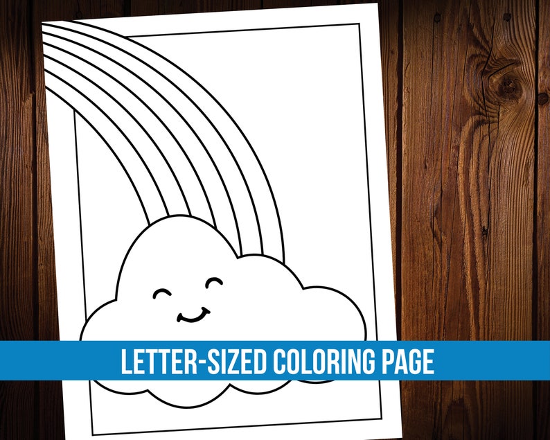 K&ouml;nnte beinhalten: Eine Schwarzwei&szlig;-Malvorlage mit einer l&auml;chelnden Wolke und einem Regenbogen dar&uuml;ber. Die Seite ist mit "LETTER-SIZED COLORING PAGE" beschriftet.