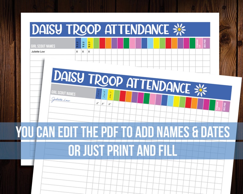 Girl Scout Attendance Sheets Editable Printable image 3