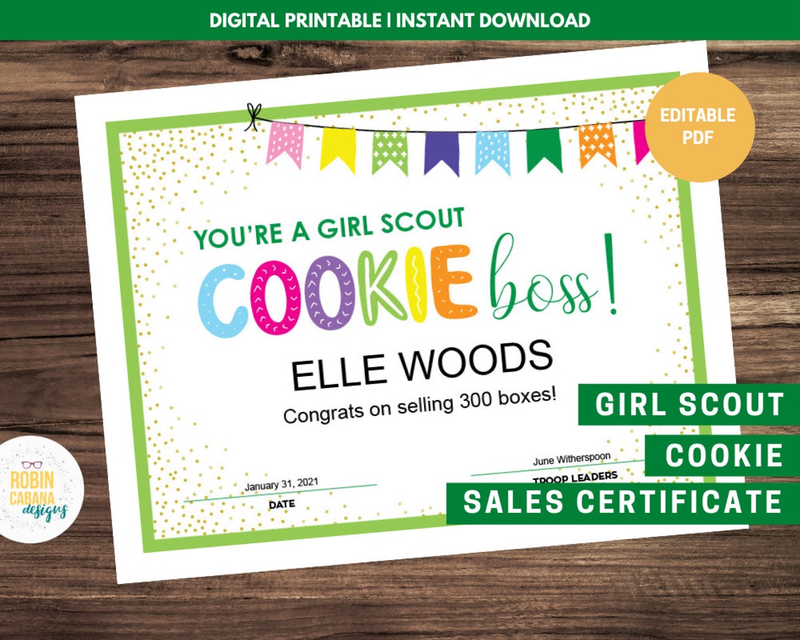 Girl Scout Cookie Sales Certificate Editable PDF - Etsy