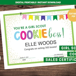 Girl Scout Cookie Sales Certificate - Editable PDF - Etsy