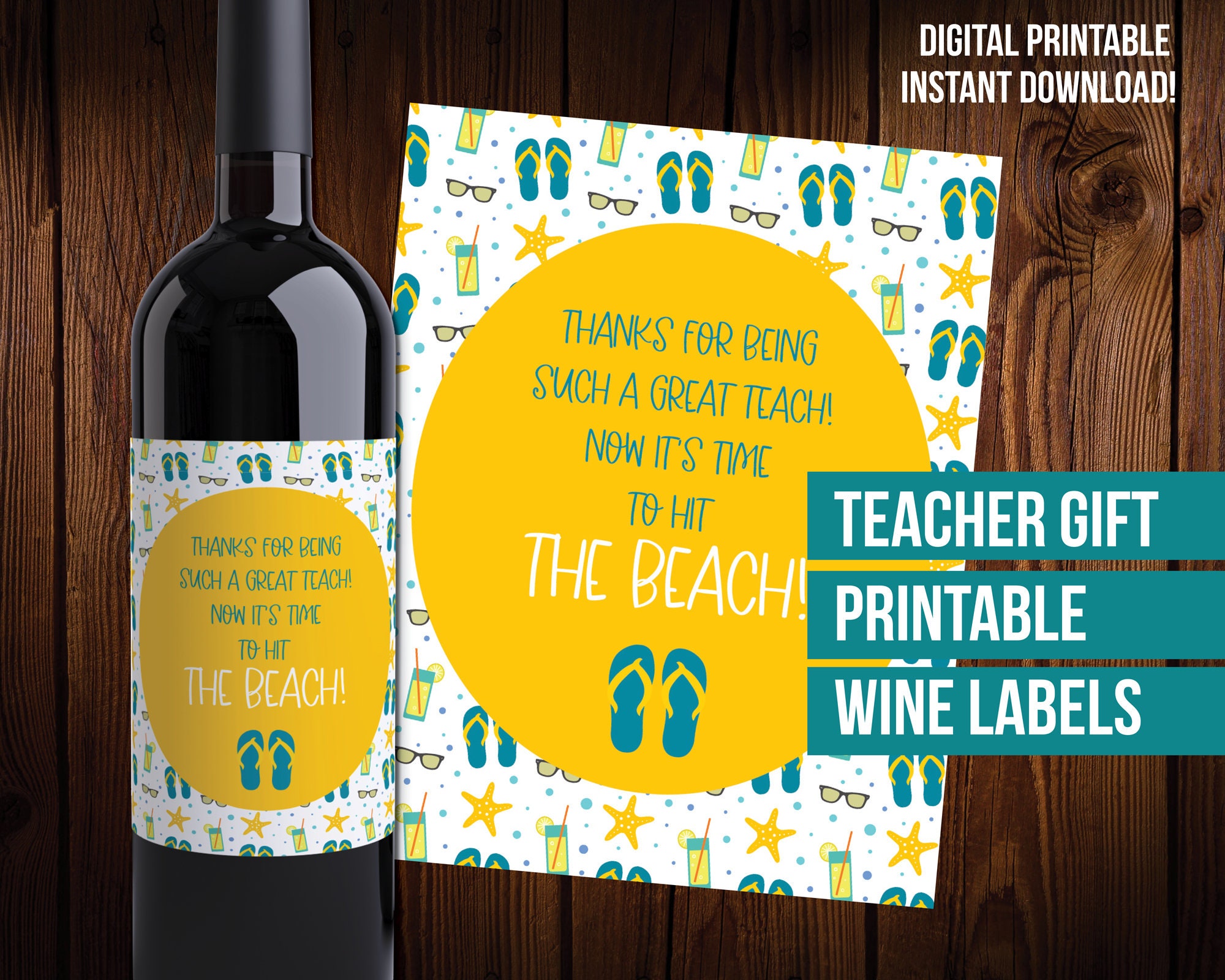 Teacher Gift Printable Wine Label Hit the Beach Etsy