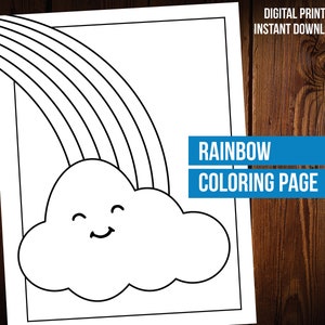 K&ouml;nnte beinhalten: Eine Schwarzwei&szlig;-Malvorlage mit einem Regenbogen und einer l&auml;chelnden Wolke. Der Text "RAINBOW COLORING PAGE" befindet sich am unteren Rand der Seite.