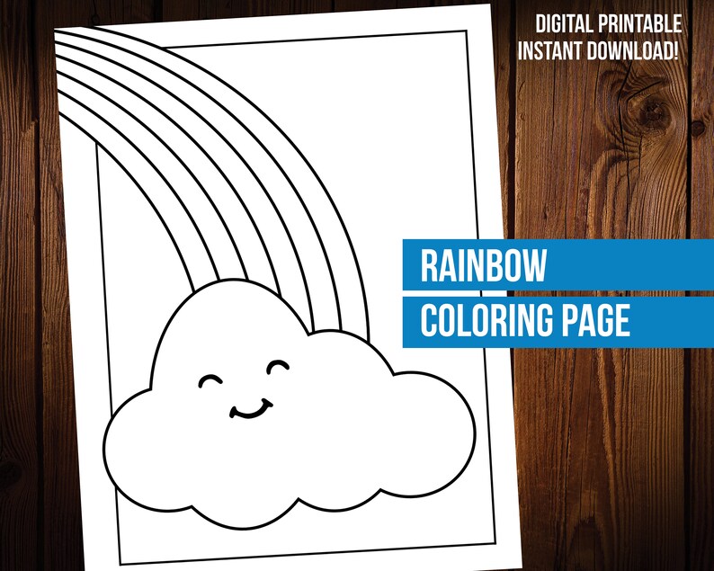 K&ouml;nnte beinhalten: Eine Schwarzwei&szlig;-Malvorlage mit einem Regenbogen und einer l&auml;chelnden Wolke. Der Text "RAINBOW COLORING PAGE" befindet sich am unteren Rand der Seite.