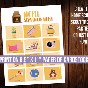 May include: A printable scavenger hunt game with a yellow and orange color scheme. The game features 12 items to find around the house, such as a plant, crayons, a teapot, a pillow, a book, music, a hat, a frame, a hamper, a toothbrush, a ball, and a plush toy. The text "HOME SCAVENGER HUNT" is at the top of the page. The text "PRINT ON 8.5" X 11" PAPER OR CARDSTOCK" is at the bottom of the page.