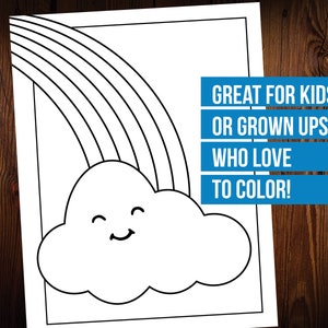 K&ouml;nnte beinhalten: Eine Schwarzwei&szlig;-Zeichnung einer l&auml;chelnden Wolke mit einem Regenbogen dar&uuml;ber. Der Text "GREAT FOR KIDS OR GROWN UPS WHO LOVE TO COLOR!" ist in blauer Schrift auf wei&szlig;em Hintergrund.